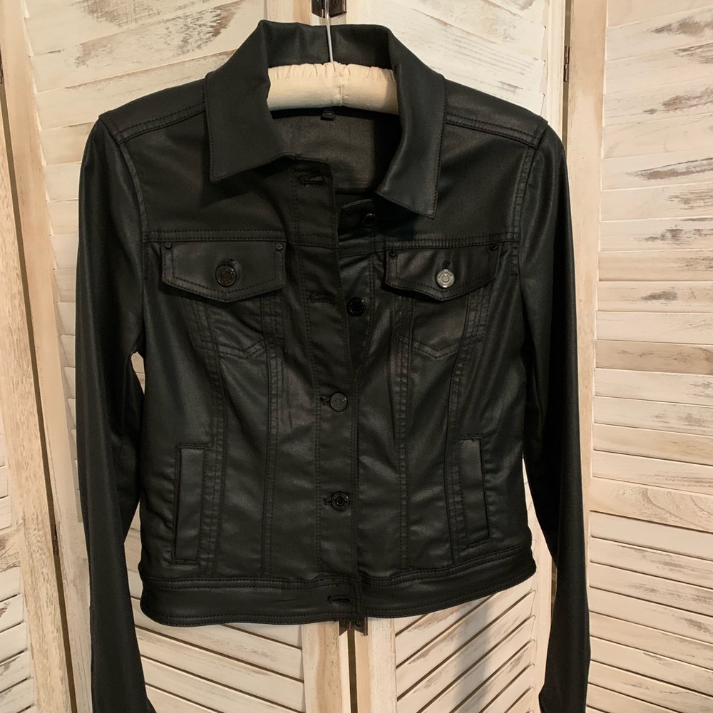 WHBM Coated Black Denim Moto Jacket, Sz 4